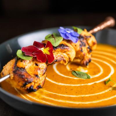 Saffron Butter Chicken, Smoked chicken and red pepper tomato sauce, curry