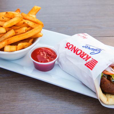 Traditional Greek Gyro, fries and tomato sauce