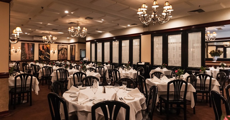 Interior, chairs and tables set and ready for guests