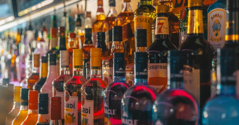 Back bar, close up of hard liquor bottles