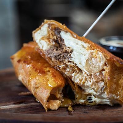 Beef and mac and cheese wrap.