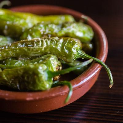 Grilled shishito peppers.