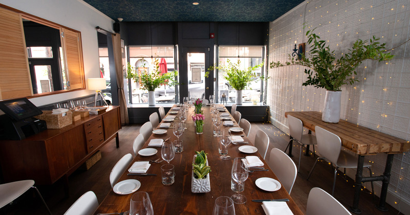 Interior, big dining table set for guests