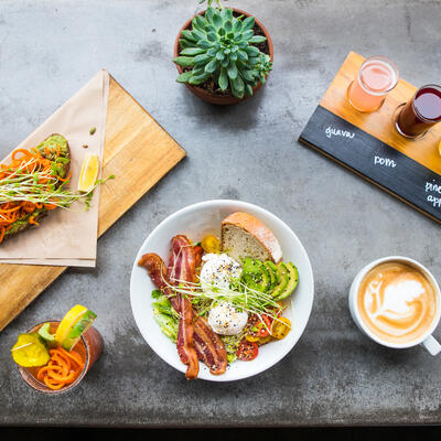 Different types of food on the table, coffee on the side
