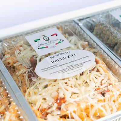 Packaged baked ziti, labeled Nonna Maria's Baked Ziti.