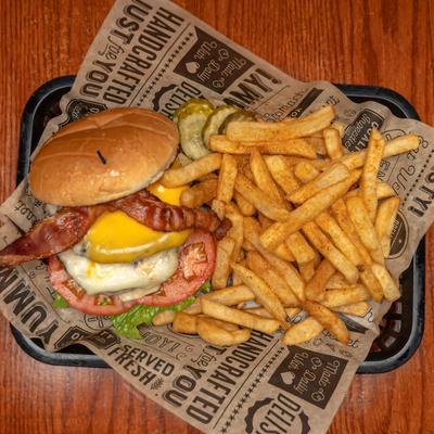 Bacon cheeseburger and fries.