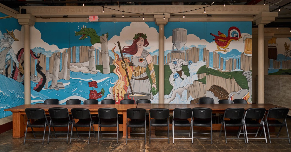 Interior, large table and chairs, painted wall