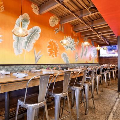 Interior, dining area, long dining table.