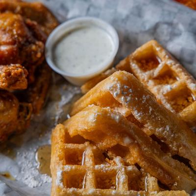 Chicken and Waffles, close-up.