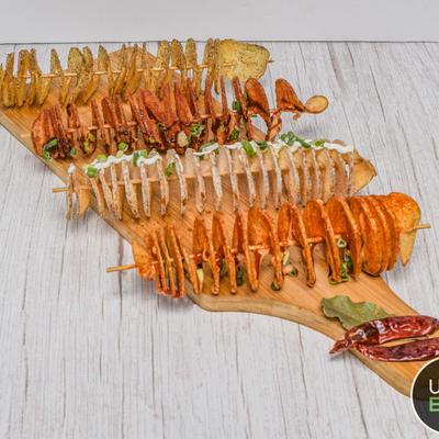 Potato Tornado snack, Crispy, spiral-cut potatoes with different flavors.