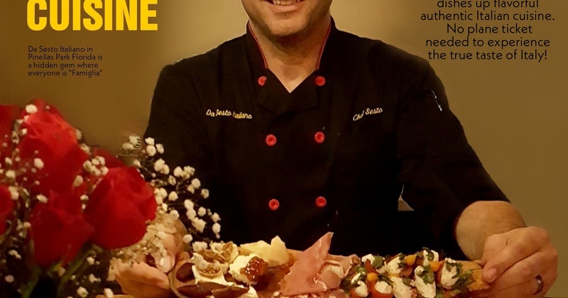 Italian cuisine at De Sesto, flyer with a picture of a Chef with Italian food on a plate