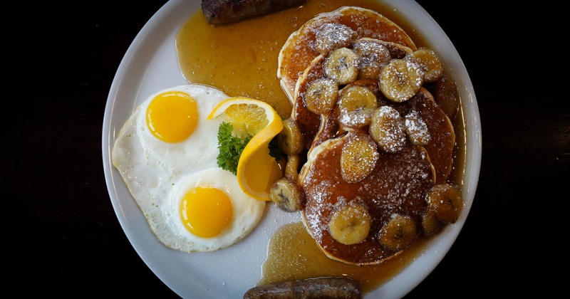 Banana Bourbon Pancakes, with fried eggs