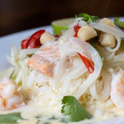 Sauteed seafood and veggies over Jasmine rice.