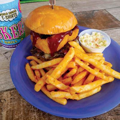 BBQ Bacon Jam Burger  served with coleslaw and fries.