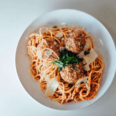 Spaghetti and Meatballs, with marinara sauce, and parmesan.