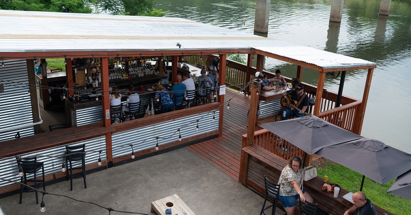 Outdoor patio seating by the lake