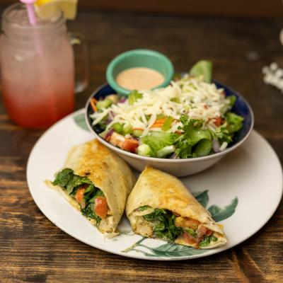 Chicken pesto wrap and salad.