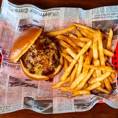 Pulled pork sandwich and fries.