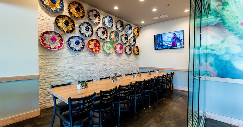 Party room perfect for any occasion, colorful Mexican sombreros on the wall as decoration