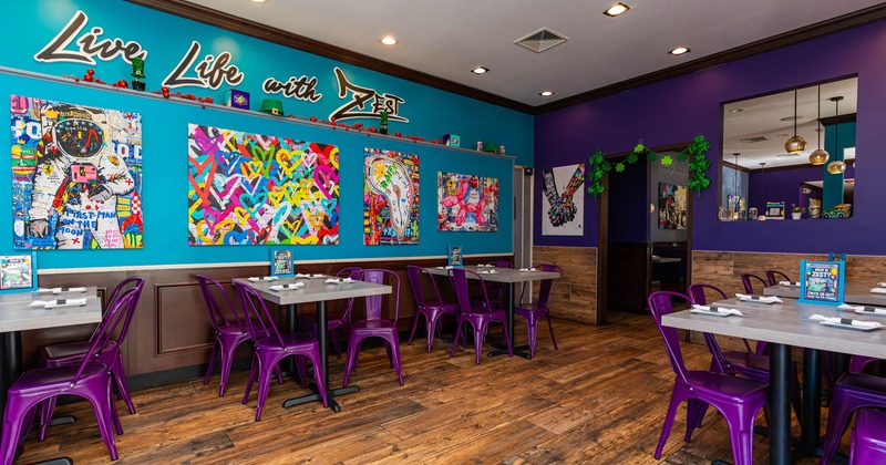 Interior, tables and chairs ready for guests