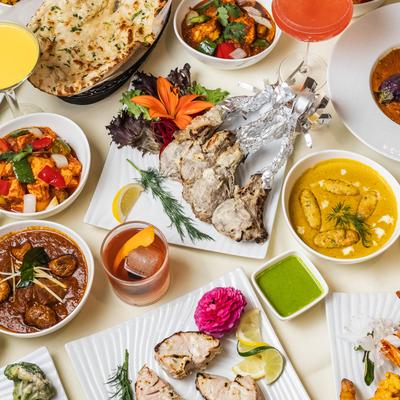 Assorted food and drinks.