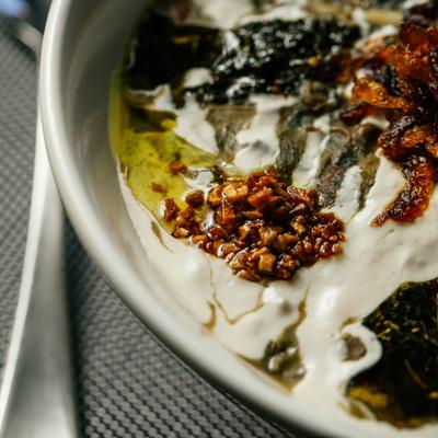 Bowl of soup, closeup.