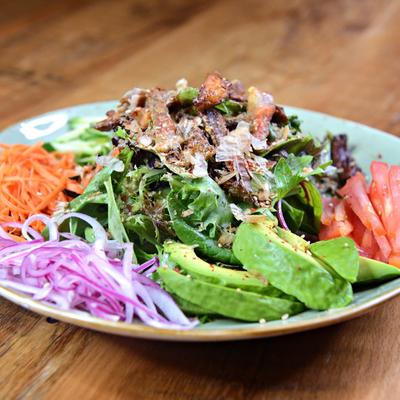 A colorful salad with assorted vegetables and grilled meat on a plate.
