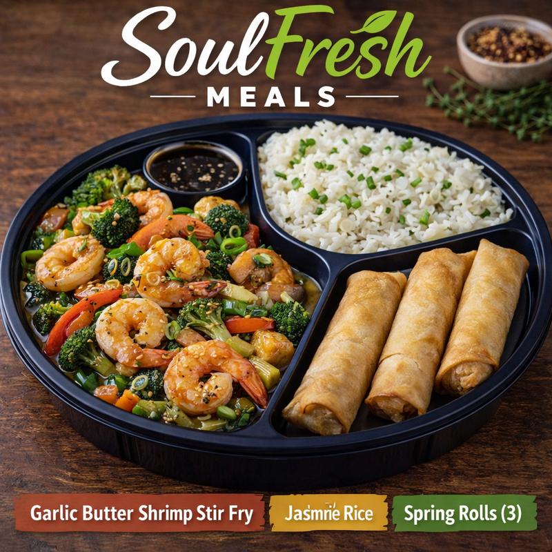 menu item 22 of 43, Garlic Butter Shrimp Stir Fry | Jasmine Rice  | Spring Rolls