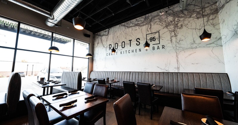 Interior, dining area with large windows