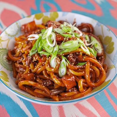 Noodles, beef, and spicy vegetables.