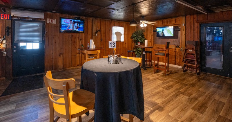 Interior, high top tables and chairs