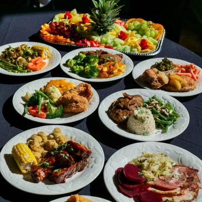 Various dishes served on the table.