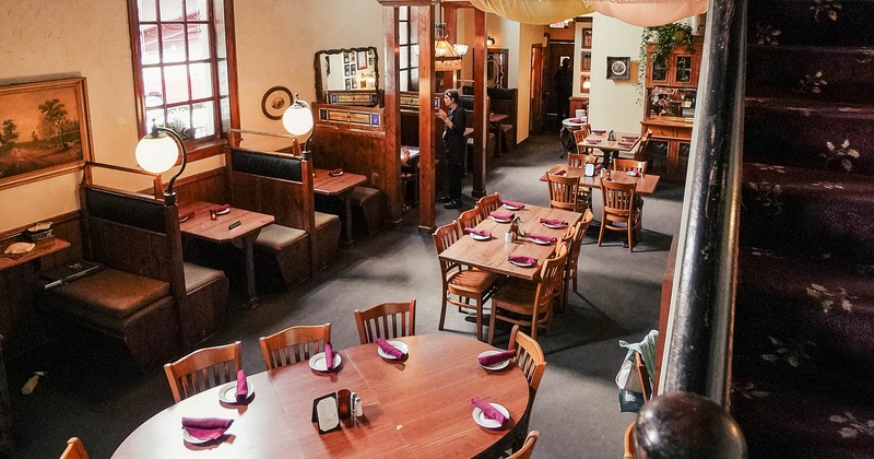 Restaurant interior, top view of the dining area with set tables