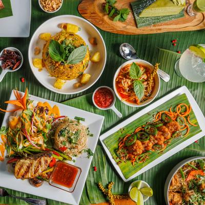 Mix of served dishes, top view