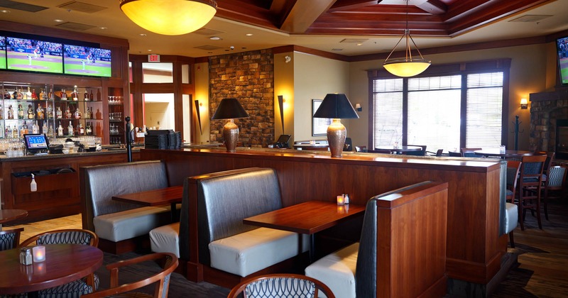 Interior, seating area with booths and tables