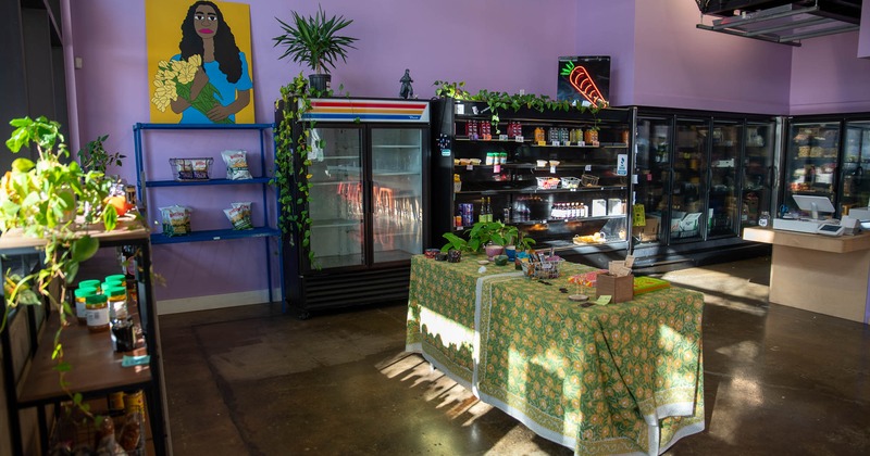Interior, shelves and fridges with groceries