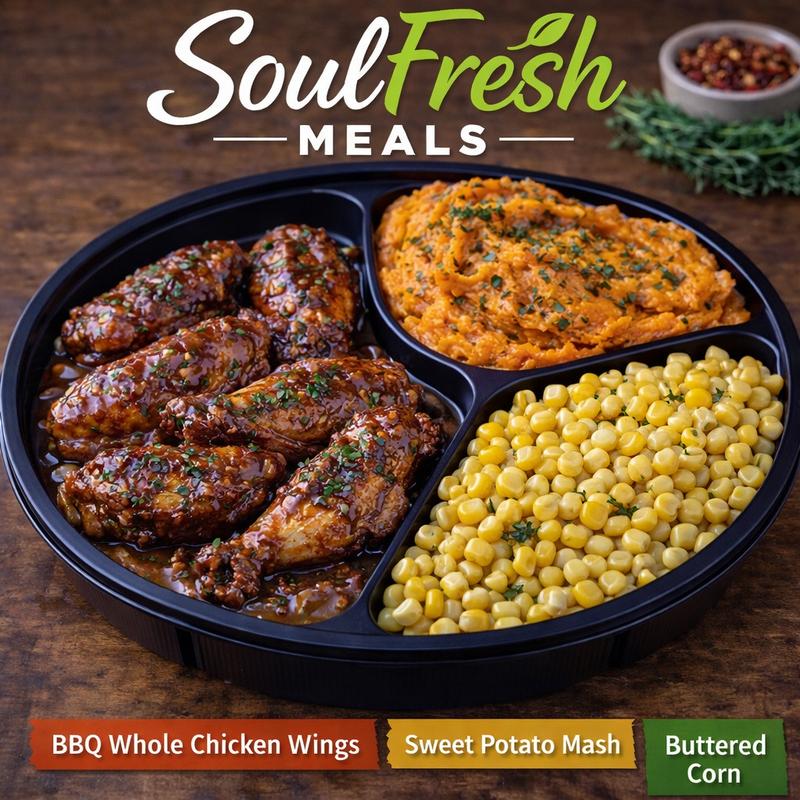 menu item 42 of 43, BBQ Whole Chicken Wings | Sweet Potato Mash | Buttered Corn