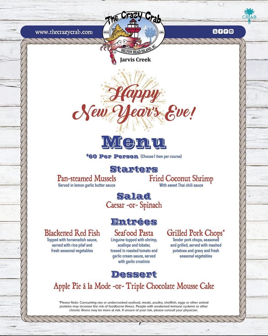 Crazy Crab Jarvis Creek New Years Eve Menu event photo