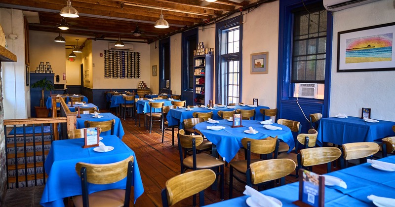 Interior dining are, tables with blue cloth