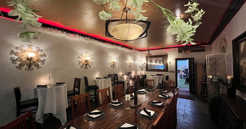 Interior, dining area, tables and chairs ready for guests