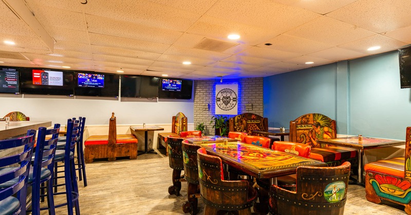 Interior, decorated tables, seats and dining booths