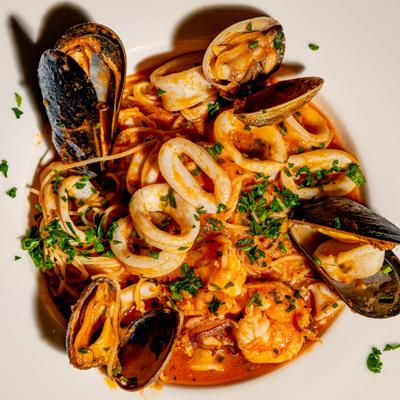 Angel hair pasta with mixed seafood.