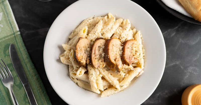 Penne pasta, with cheese, and stuffed chicken