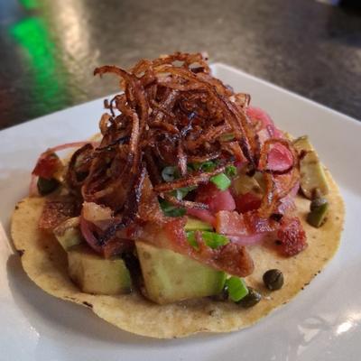 Avocado Bacon Tostada.