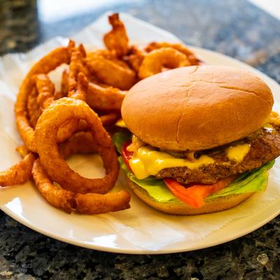 Bacon cheeseburger and onion rings.
