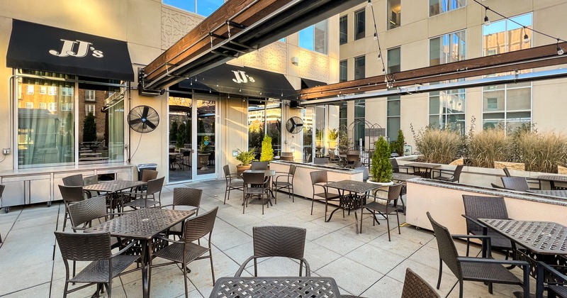 Exterior patio, tables ready for guests