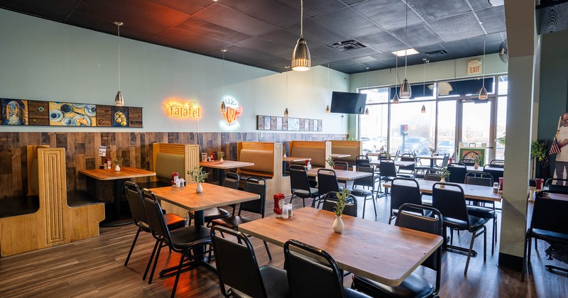 Interior, seating space, booths on the left