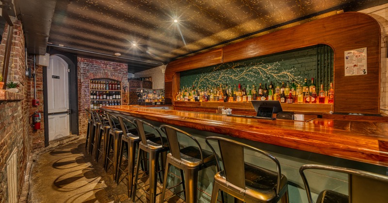 A rustic bar interior - a long wooden counter, metal stools and shelves of liquor bottles.