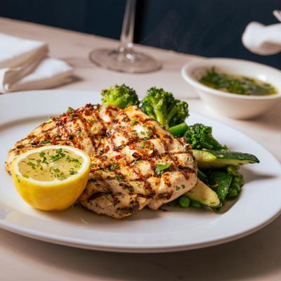 Grilled chicken breast served with broccoli and a lemon half.