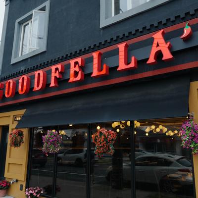 The restaurant's name above the entrance.